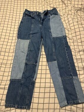 Simons Patchwork Two-Tone Blue Straight-Leg Jeans